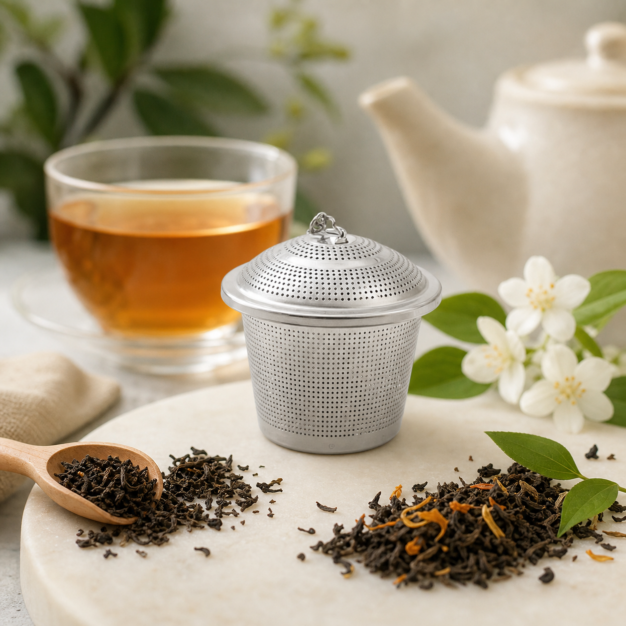 A stainless steel percolator-style tea infuser sits on a marble surface with loose tea leaves, a wooden spoon, a glass of amber tea, white flowers, and a teapot in the background.
