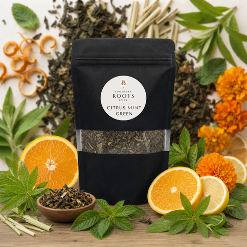 A black stand-up pouch of Southern Roots Spices Citrus Mint Green tea, surrounded by fresh green mint leaves, orange and yellow slices, orange peel curls, a small wooden bowl of loose tea, and dried herbs on a light background.