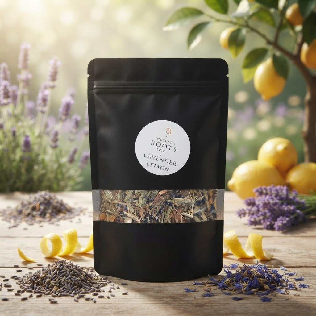 A black stand-up pouch of Lavender Lemon herbal tea by Healthy Roots, displayed on a wooden table surrounded by fresh lemons, lavender flowers, and loose tea ingredients.