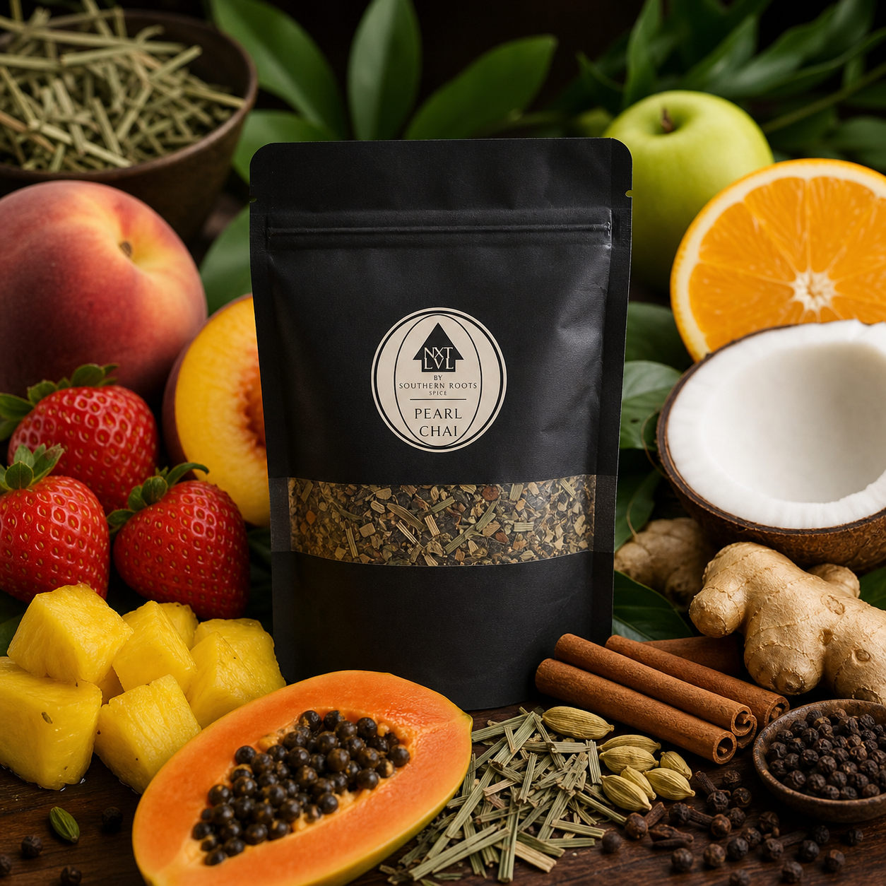 A black stand-up pouch labeled 'Natural Herbs | Pearl Chai' is centered on a rustic wooden surface surrounded by tea ingredients and fruits, including strawberries, pineapple, papaya, ginger, cinnamon sticks, cardamom pods, peppercorns, a coconut half, and citrus slices.