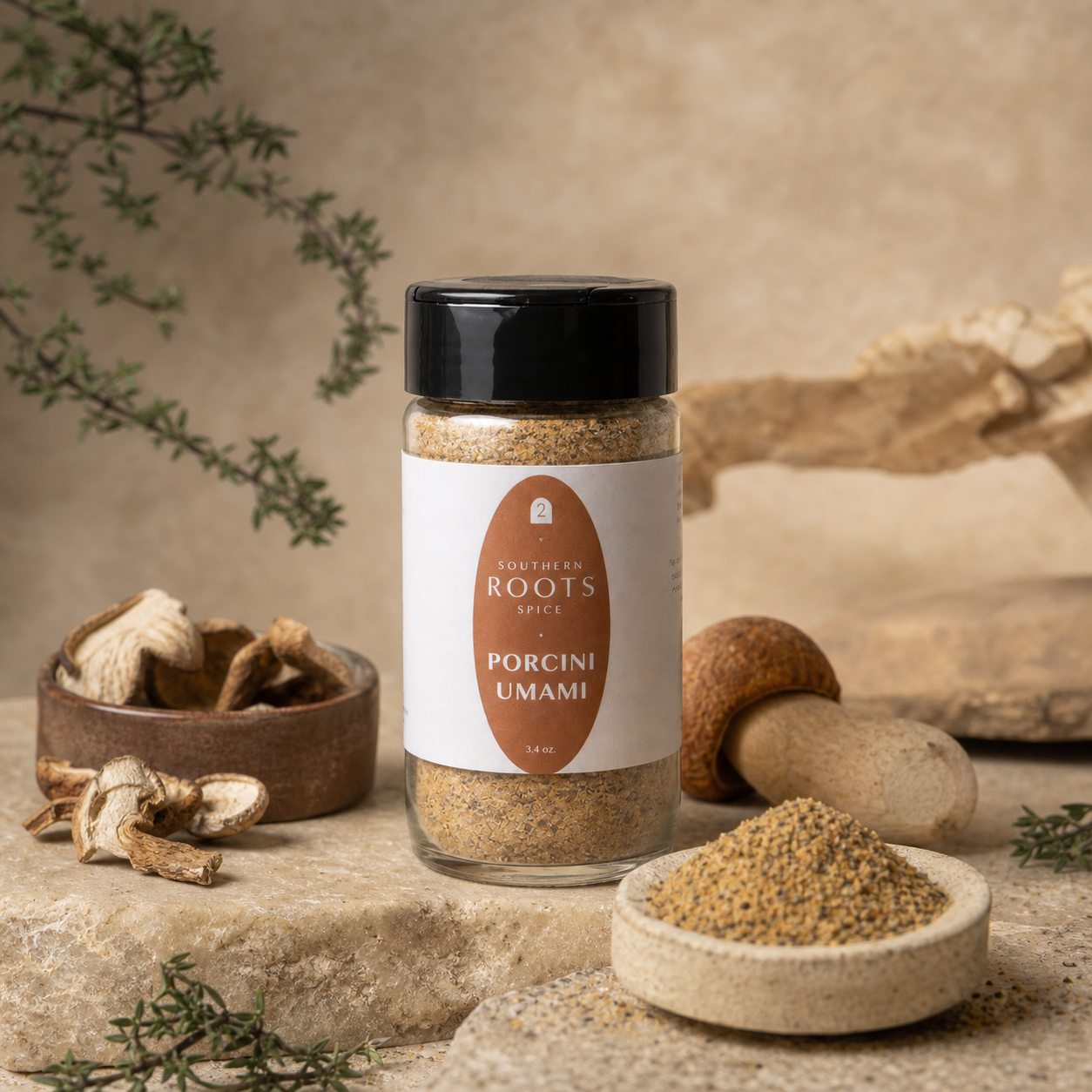 A glass jar of Golden Root Spices Porcini Umami seasoning with a black lid and white label, styled on a stone surface with fresh and dried mushrooms, herbs, and wood props against a textured beige background.