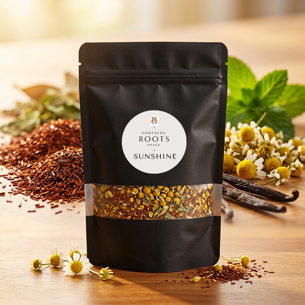 A black stand-up pouch of Southern Roots Spice 'Sunshine' mixed spice blend, displayed on a wooden table with loose spices, chamomile flowers, vanilla beans, and mint leaves.
